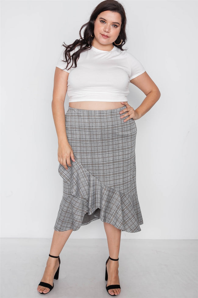 Plus Size Plaid Grey High-Waist Midi Skirt