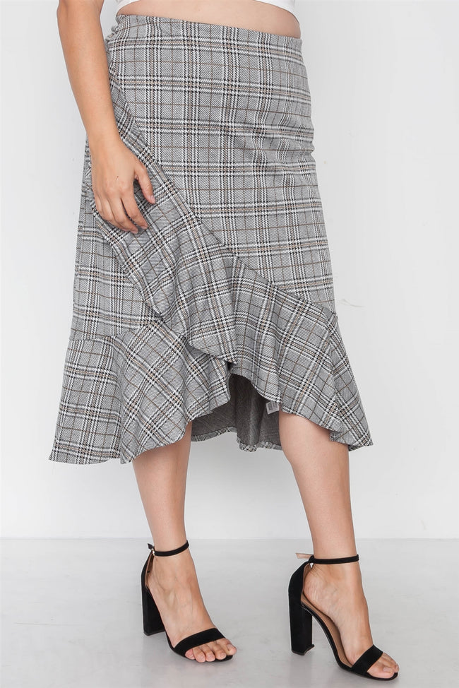 Plus Size Plaid Grey High-Waist Midi Skirt