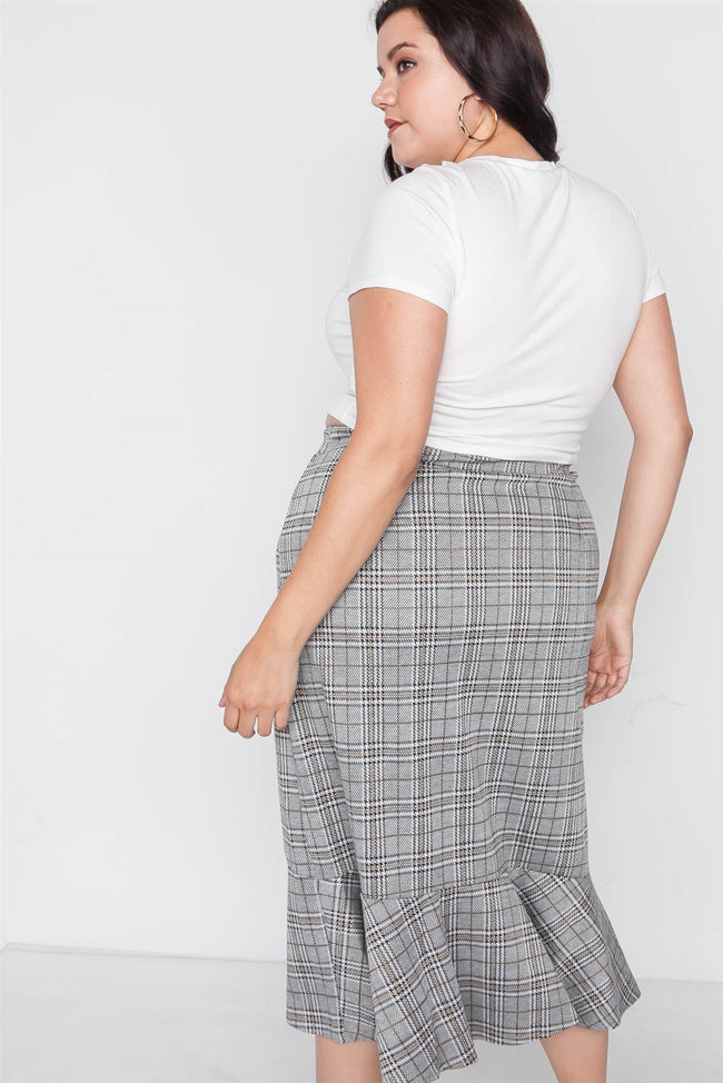Plus Size Plaid Grey High-Waist Midi Skirt