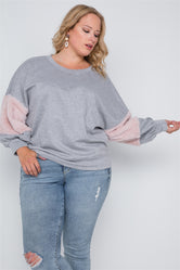 Plus Size Heather Grey Faux Fur Pink Sleeves Sweater
