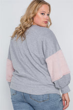 Plus Size Heather Grey Faux Fur Pink Sleeves Sweater