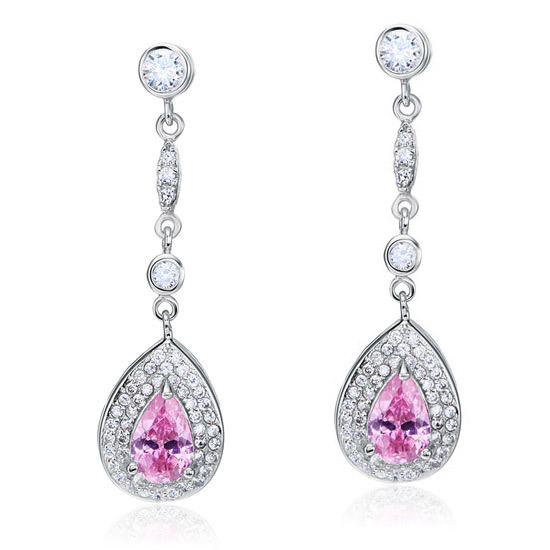 1.5 Carat Pear Cut Pink Created Sapphire 925 Sterling Silver Dangle Earrings XFE8057