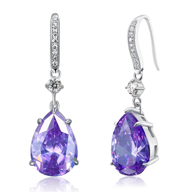 Purple Pear Created Sapphire 925 Sterling Silver Dangle Hook Earrings XFE8111