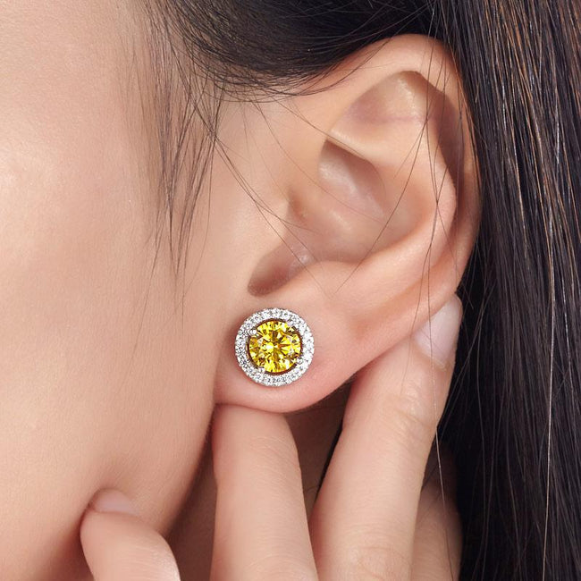 2.5 Carat Round Fancy Yellow Halo (Removable) Stud 925 Sterling Silver Earrings XFE8127