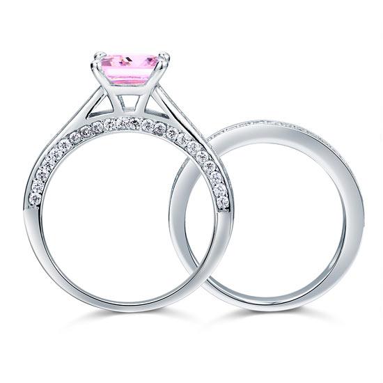 1.5 Carat Princess Cut 2-Pc Fancy Pink Created Diamond 925 Sterling Silver Wedding Engagement Ring Set XFR8195S