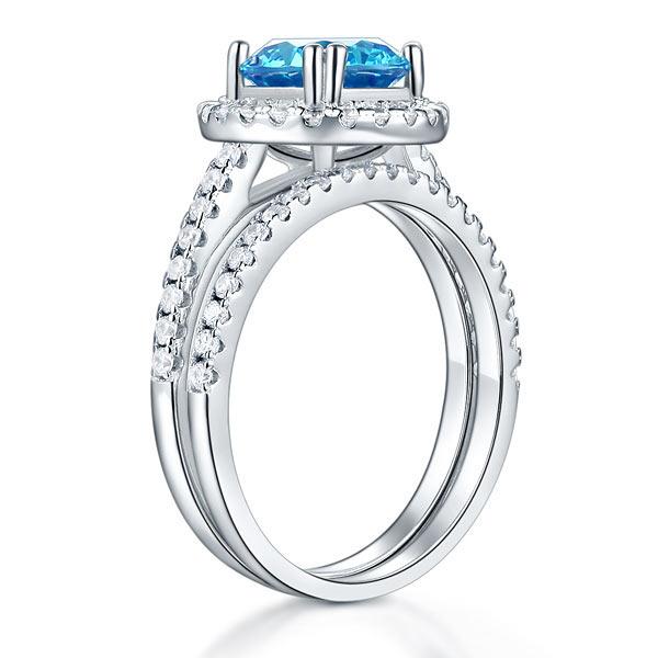 925 Sterling Silver Wedding Engagement Halo Ring Set 2 Carat Blue Created Diamond XFR8219