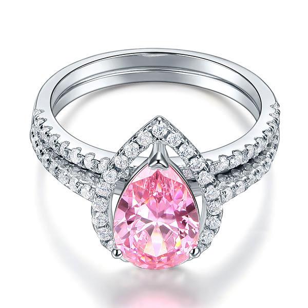 Sterling 925 Silver Bridal Wedding Engagement Ring Set 2 Carat Pear Fancy Pink Created Diamond Jewelry XFR8223