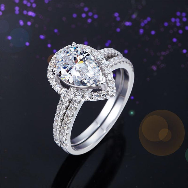 Solid Sterling 925 Silver Bridal Wedding Promise Engagement Ring Set 2 Ct Pear Jewelry XFR8224