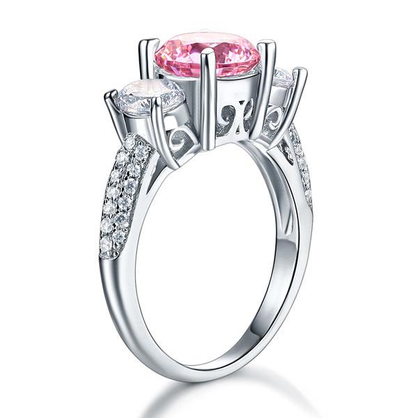 925 Sterling Silver 3-Stone Wedding Ring 2 Carat Fancy Pink Created Diamond Jewelry Vintage Style XFR8227